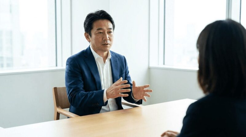 40代の男性が若い面接官に丁寧に説明するシーン
