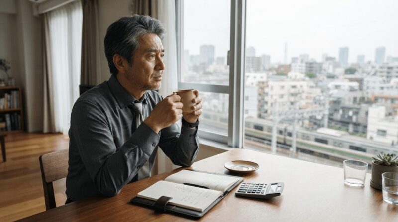 朝日の中でマグカップを両手で包む40代男性。静かに窓の外を見つめる姿。
