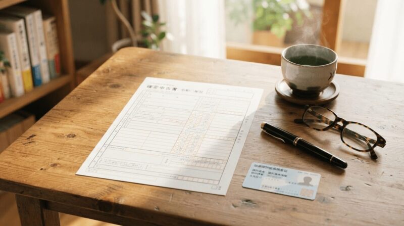 机上の確定申告書・保険証・緑茶。「税金・保険・年金の手続き」の象徴。