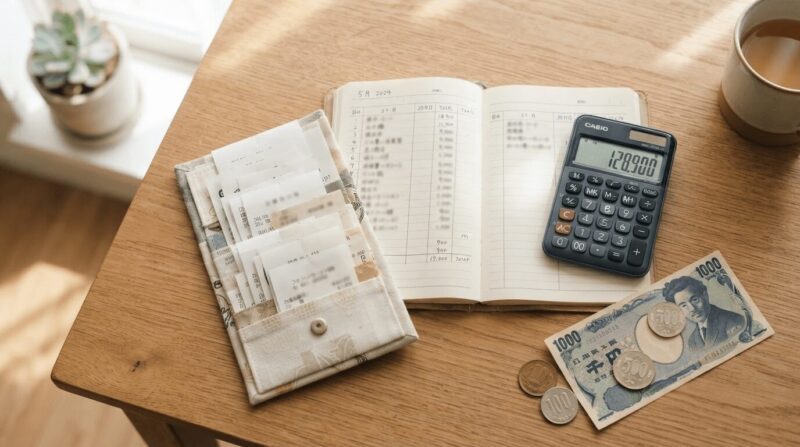 レシート・電卓・手帳・現金の俯瞰整理整頓。「家計を見える化」の象徴。