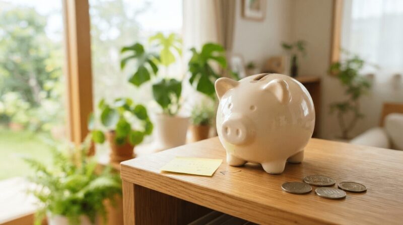 窓辺に置かれた貯金箱と付箋。「お金との向き合い方」の象徴