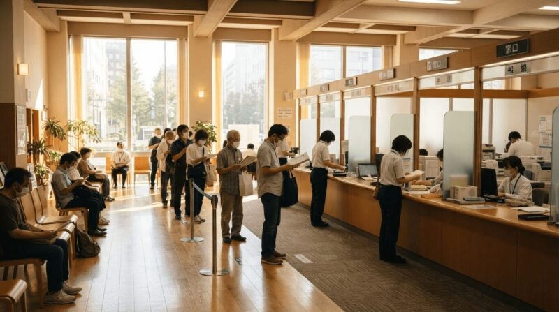 公共機関の窓口に並ぶ人々。「行政手続き」のリアルな象徴。