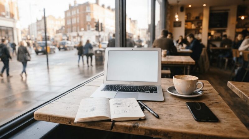 カフェ窓際のノートPCとコーヒー。「求職活動中の日常」の象徴。