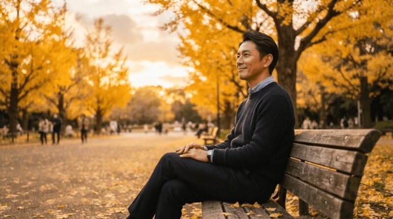 銀杏並木の公園で微笑む40代男性。「準備を終えた安心感」の象徴。