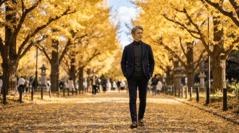 銀杏並木を歩く40代男性。「結論を出さずリフレッシュ」の象徴。