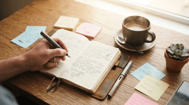 木製テーブルでノートに書き込む手元と付箋、コーヒー。「自問自答」の象徴。