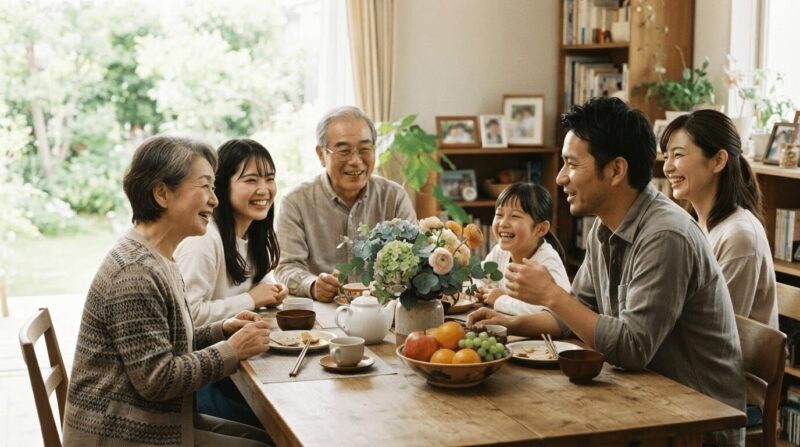 サンライトの食卓で話し合う多世代家族。「人生の重要決断を分かち合う」の象徴。
