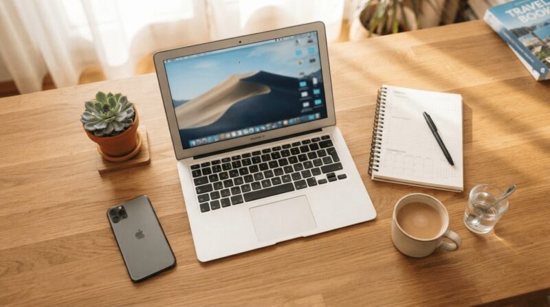 整理されたデスク上のノートPC・プランナー・サボテン・ウォーター。「休暇中の準備」の象徴。