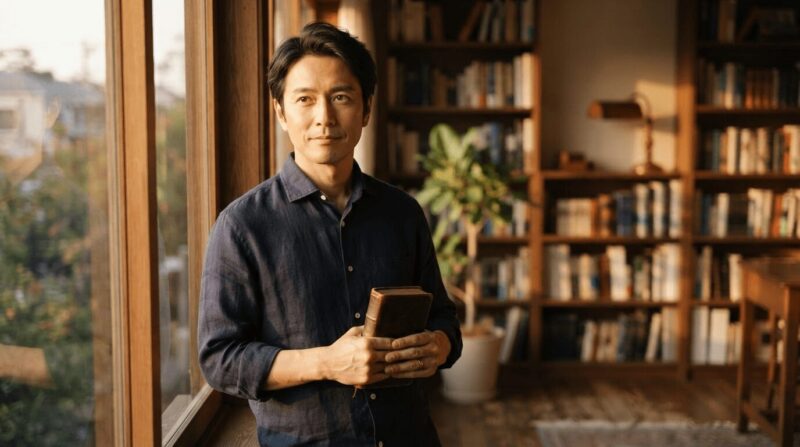書斎の窓際で革装丁の本を手にする40代男性。重厚感のある信頼感。