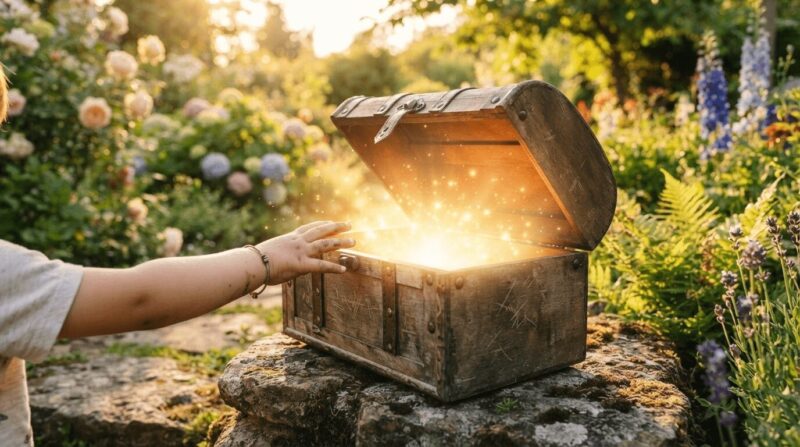 太陽光が溢れ出す宝箱に手を伸ばすシーン。「可能性の扉」の象徴。