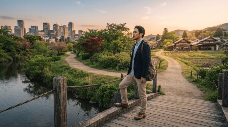 公園の橋の上に立ち、二つの分かれ道(都会と田舎)を対比する比喩的構図を表した画像