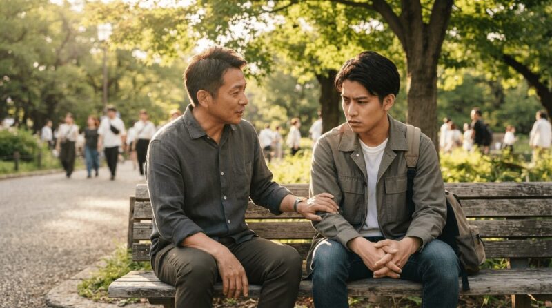 公園のベンチで30代前半の若手に優しく語りかけるメンター姿の40代男性