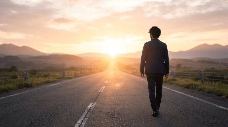 朝の光輝く水平線に向かって広い道路を進む後ろ姿の40代男性