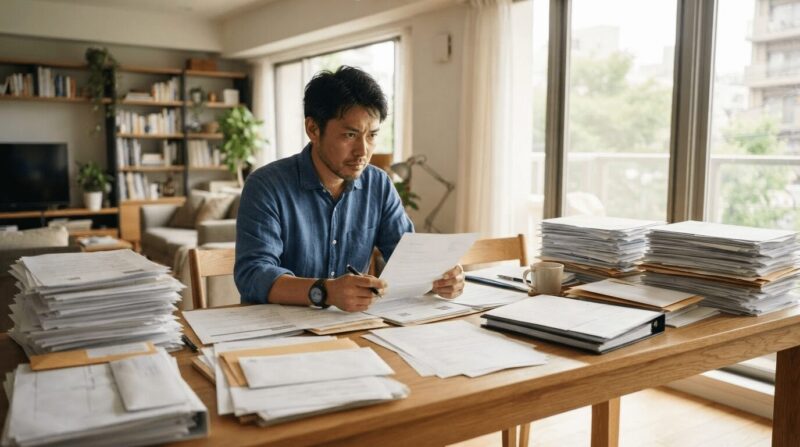 大量の応募書類に囲まれたテーブルで圧倒されつつも頑張る40代男性
