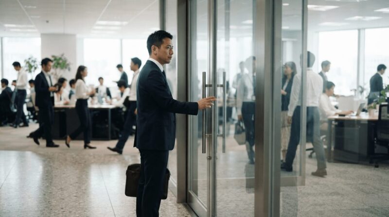 ガラス扉に手を伸ばす40代男性