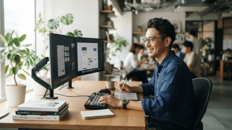 デュアルモニターでデザイン作業中のメガネの40代男性、コワーキングスペース