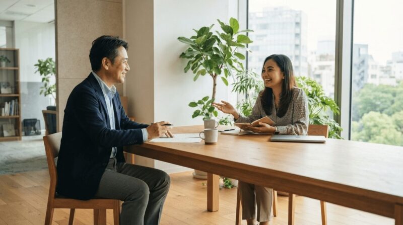 南アジア系の若い同僚と会議室で和やかに会話する40代男性