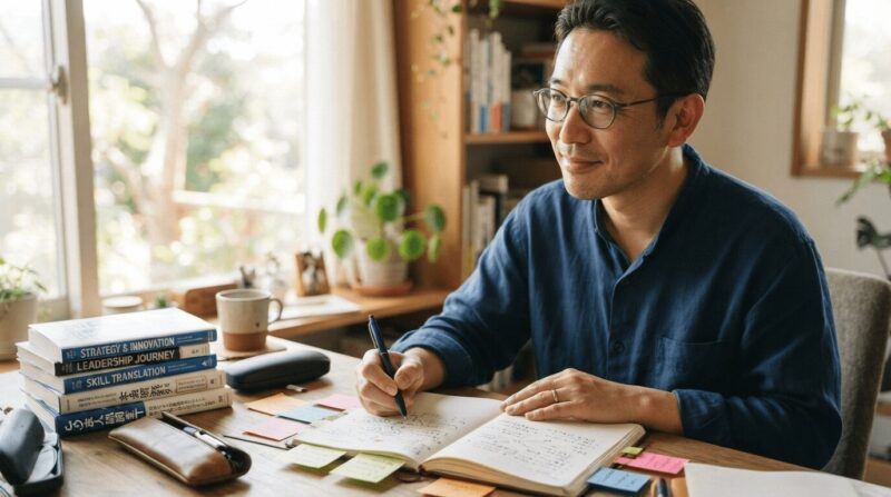 デスクでノートにアイデアを書き出す、自分の経験を言語化する40代男性