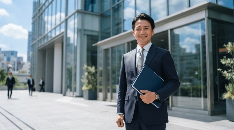 近代的なオフィスの前で達成感のある表情の40代男性
