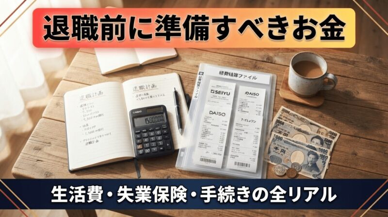 レシート・電卓・手帳・現金の俯瞰。赤×オレンジ×ネイビー。「家計簿のリアル」の象徴。 「退職前に準備すべきお金｜生活費・失業保険・手続きの全リアル」