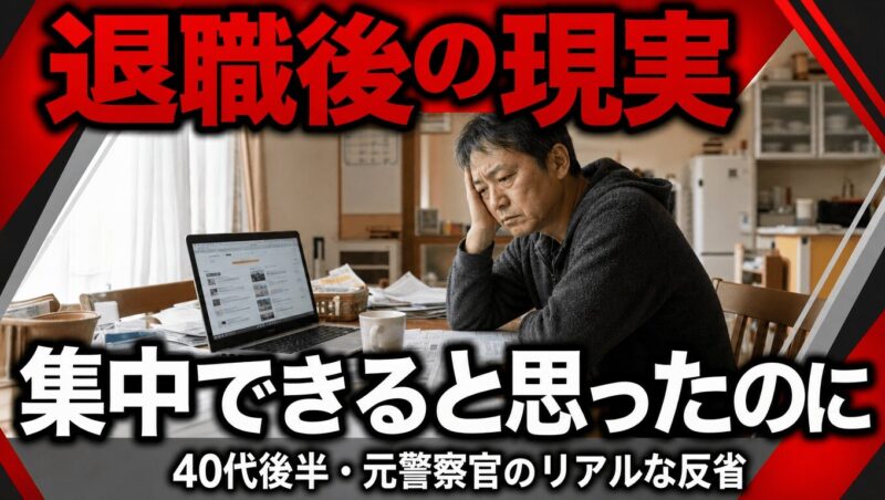 散らかった資料に囲まれ、一人で疲れた表情でPCに向かう40代男性