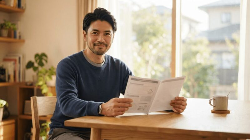 案内パンフレットを両手で持ち「できます」と語る表情の男性