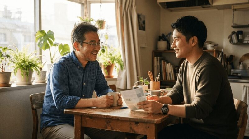 30代の専門家と40代男性がキッチンで相談する様子