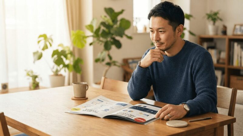 「無料」「有料」の資料2つを比較検討する男性