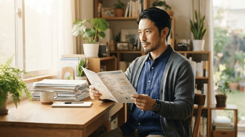 一人で十分な準備をして平静な表情の男性