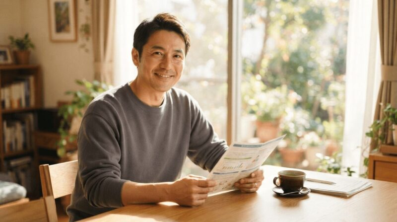 答えを見つけ平静で自信に満ちた表情でパンフレットを持つ男性
