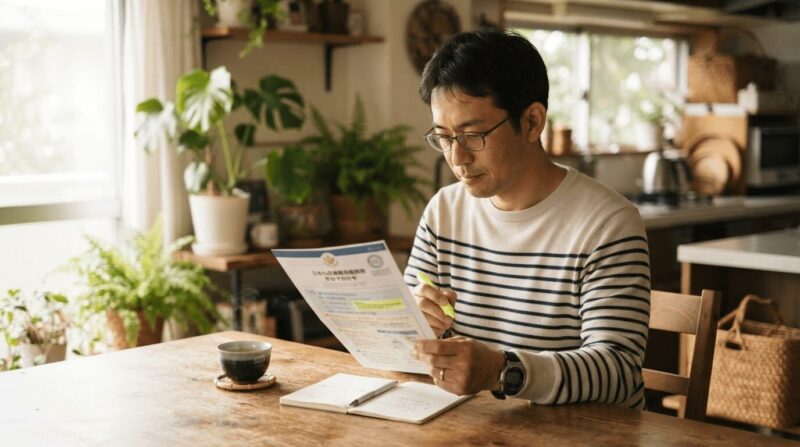 パンフレットとマーカーで重要点をチェックする男性