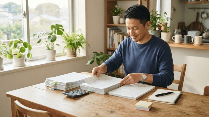 自宅のデスクで書類・電卓・付箋を整えて並べて事務処理をする中年男性の姿