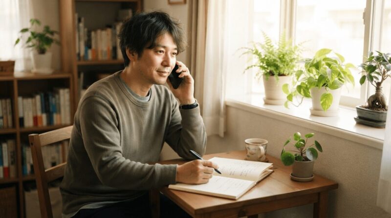 スマホで問い合わせの電話をかける男性