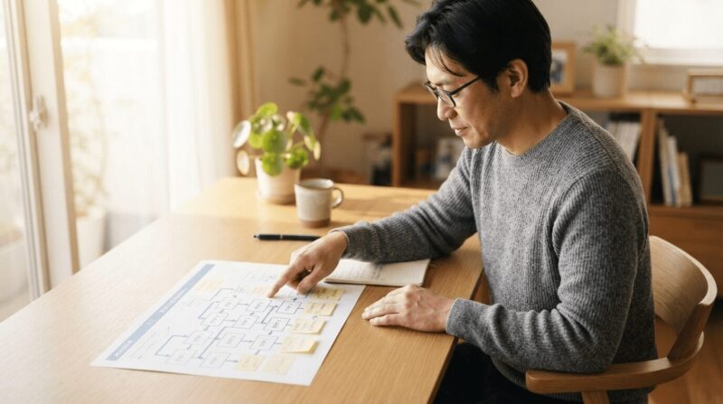 フローチャートの各ステップを指し確認する男性