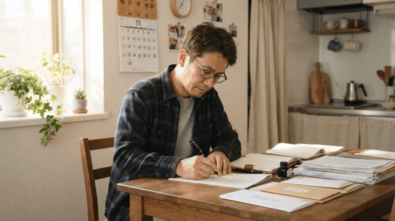 デスクで万年筆を使って書類を手書きする男性