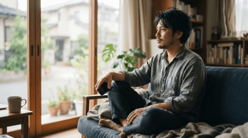 窓辺で寂しさと決意が入り混じる表情でスマホを眺める男性